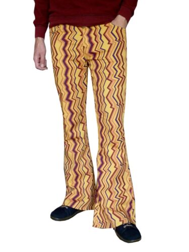 FLARES Yellow Zig Zag Mens Bell Bottoms Hippie vtg Trousers 60s 70s Psychedelic