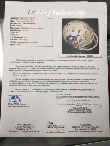 2007 NFL Draft Class Signed Full Sized Helmet Peterson, Johnson, Lynch JSA