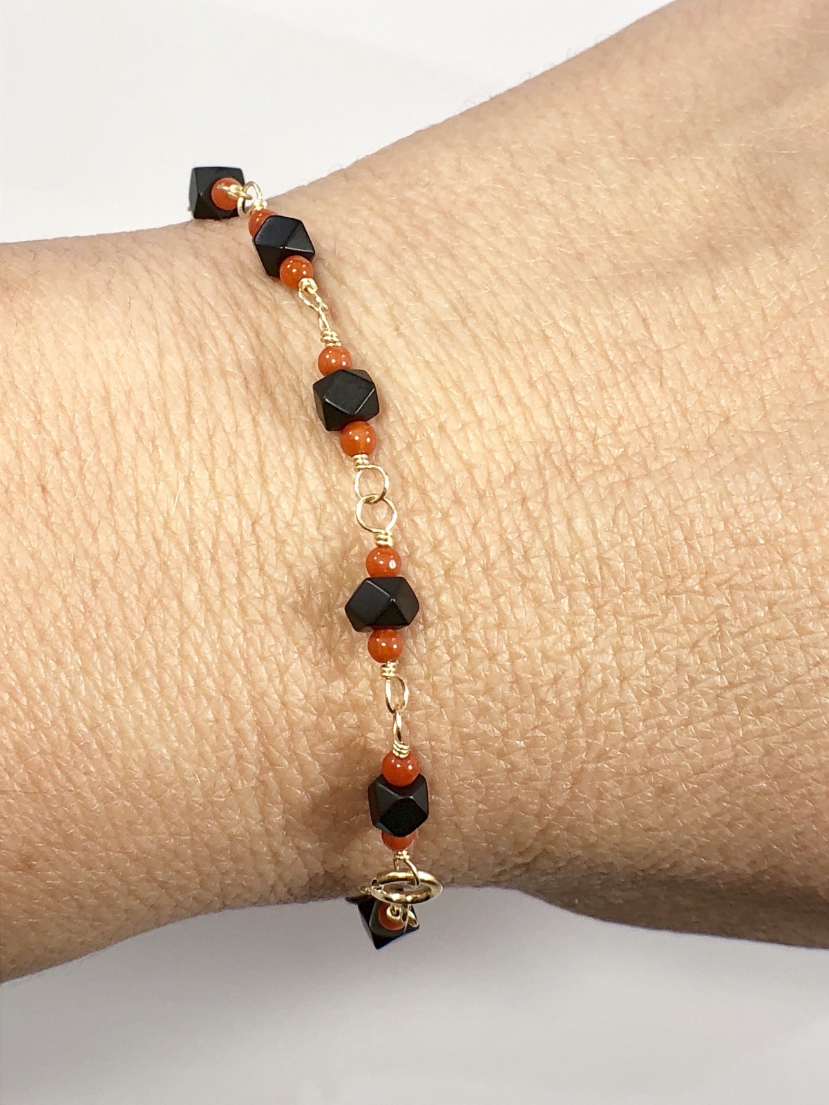 Genuine Azabache & Coral Solid 14K Gold Bracelet, 7.25