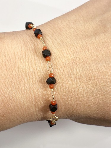 Genuine Azabache & Coral Solid 14K Gold Bracelet, 7.25