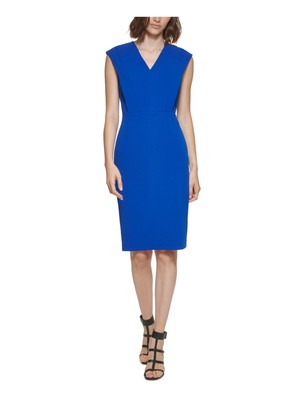 Женское вечернее платье-футляр CALVIN KLEIN Womens Blue Cap с V-образным вырезом длиной до колен 2