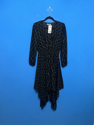 Made In Italy Black Asymetric Metalised Fibre V Neck Mudi Dress UK 10 New