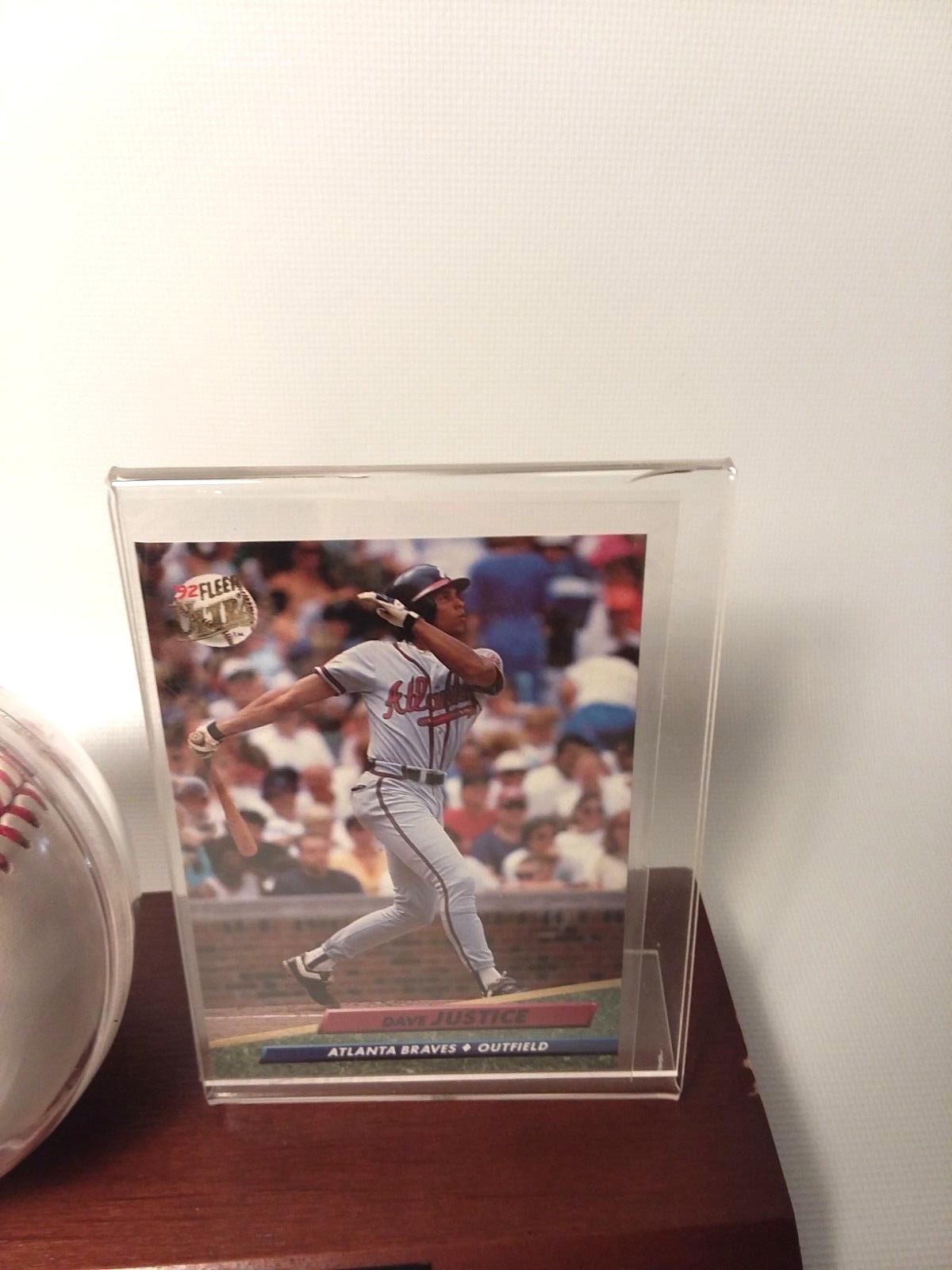 Dave Justice Sighned Baseball And  Card With Wooden Plack