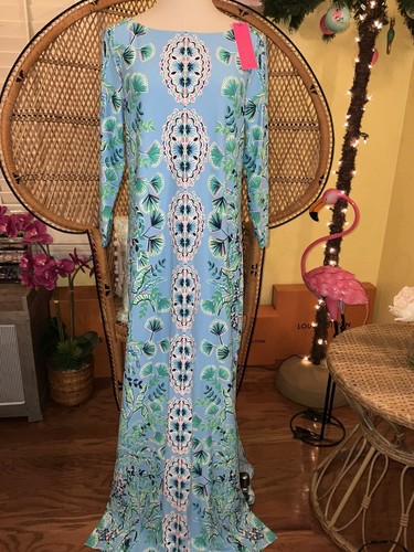 Pre-owned Lilly Pulitzer Seralina Maxi Frenchie Blue Mosaic Shells $298 Size L In Multicolor