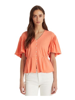 

LAUREN RALPH LAUREN Женский коралловый топ на пуговицах с объемными рукавами и баской Petites, Коралл