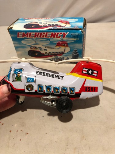 Vintage Tin Wind Up Toy Emergency Helicopter HR833 USAF White Collectible