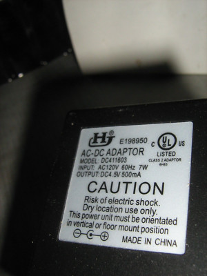 H J  DC411603 4.5V DC 500ma Power Supply Adapter 4.8 X 1.7