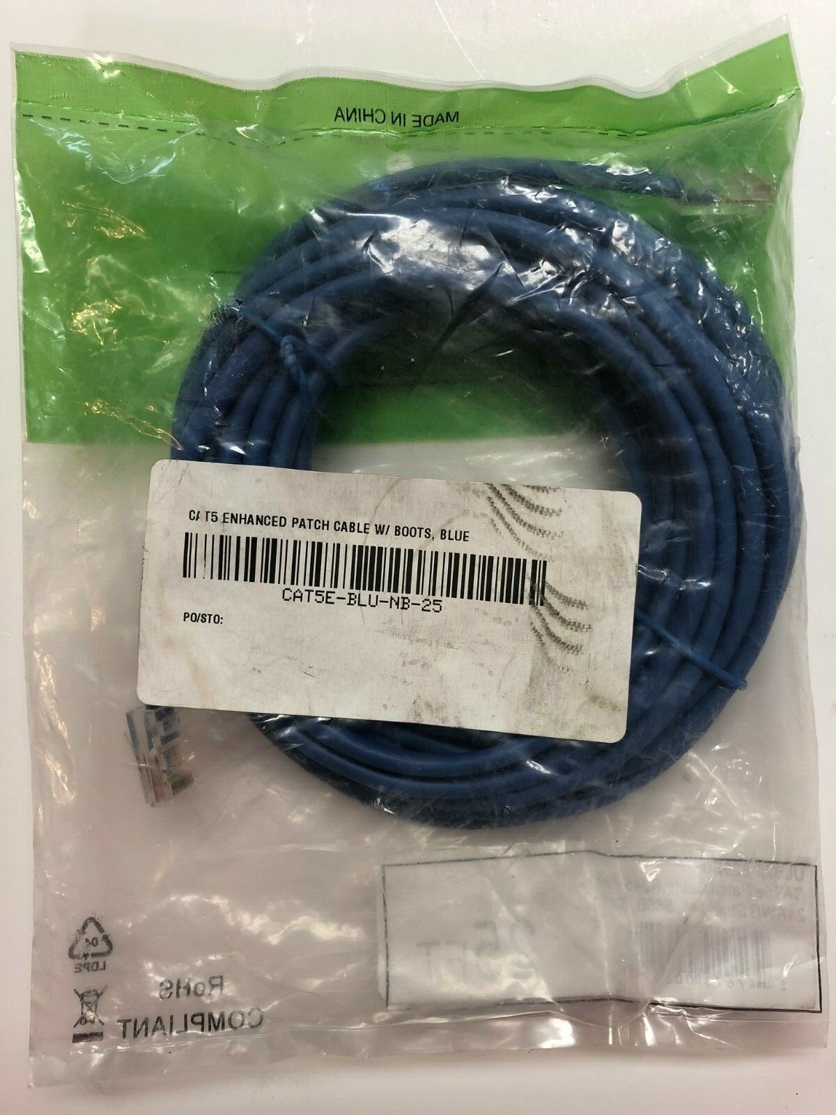 CAT5e PATCH CABLE, 25 FT - BLUE, UL624-825BU, RJ45-RJ45, 24AWG STRANDED, 568B