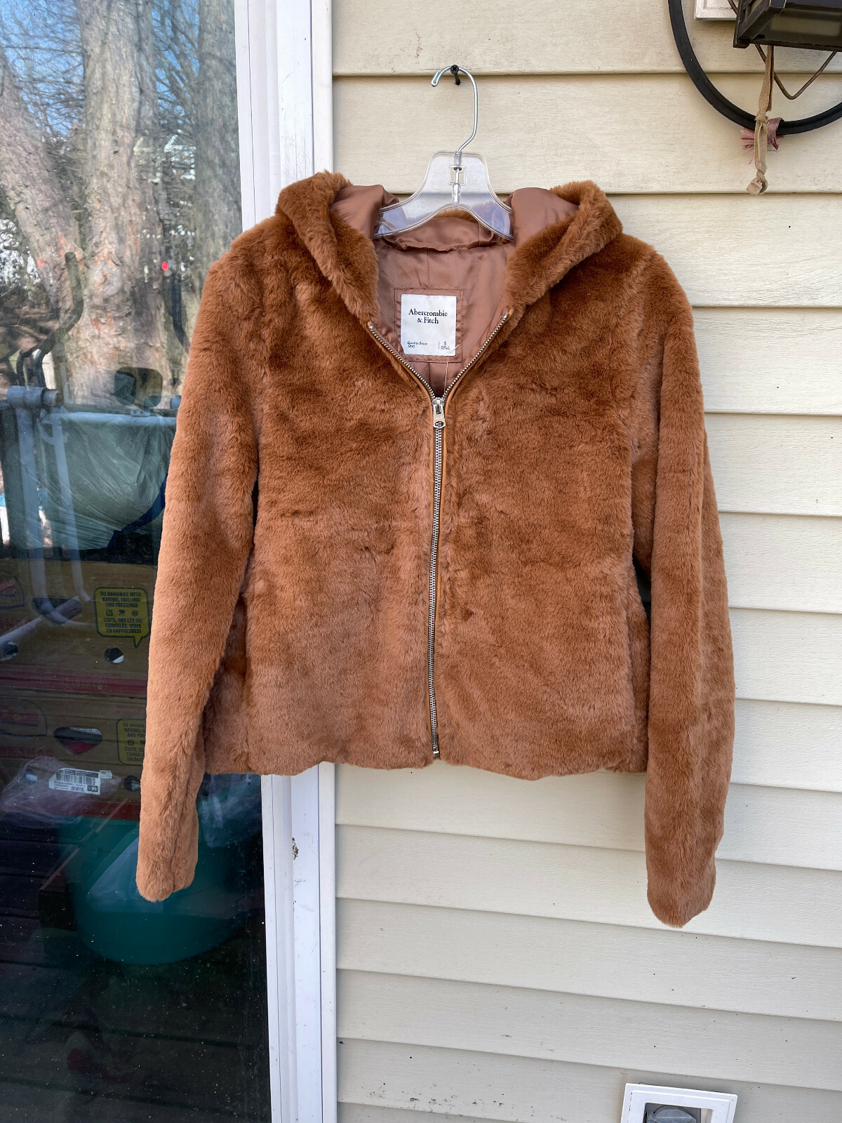 Abercrombie & Fitch フード付きレザージャケット S $140 Abercrombie & Fitch Brown Hooded Faux Fur Jacket SIZE S