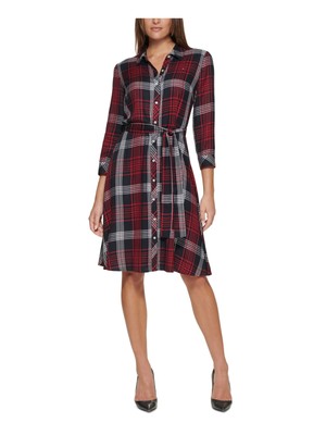 

TOMMY HILFIGER Женское черное платье-рубашка в клетку с рукавом 3/4 и воротником до колена, Черный
