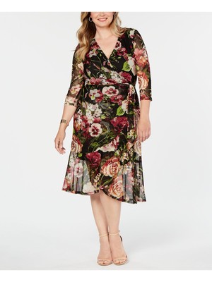 

CONNECTED APPAREL Женское черное платье длиной до колена с запахом и рукавами 3/4 с цветочным принтом Plus, Черный