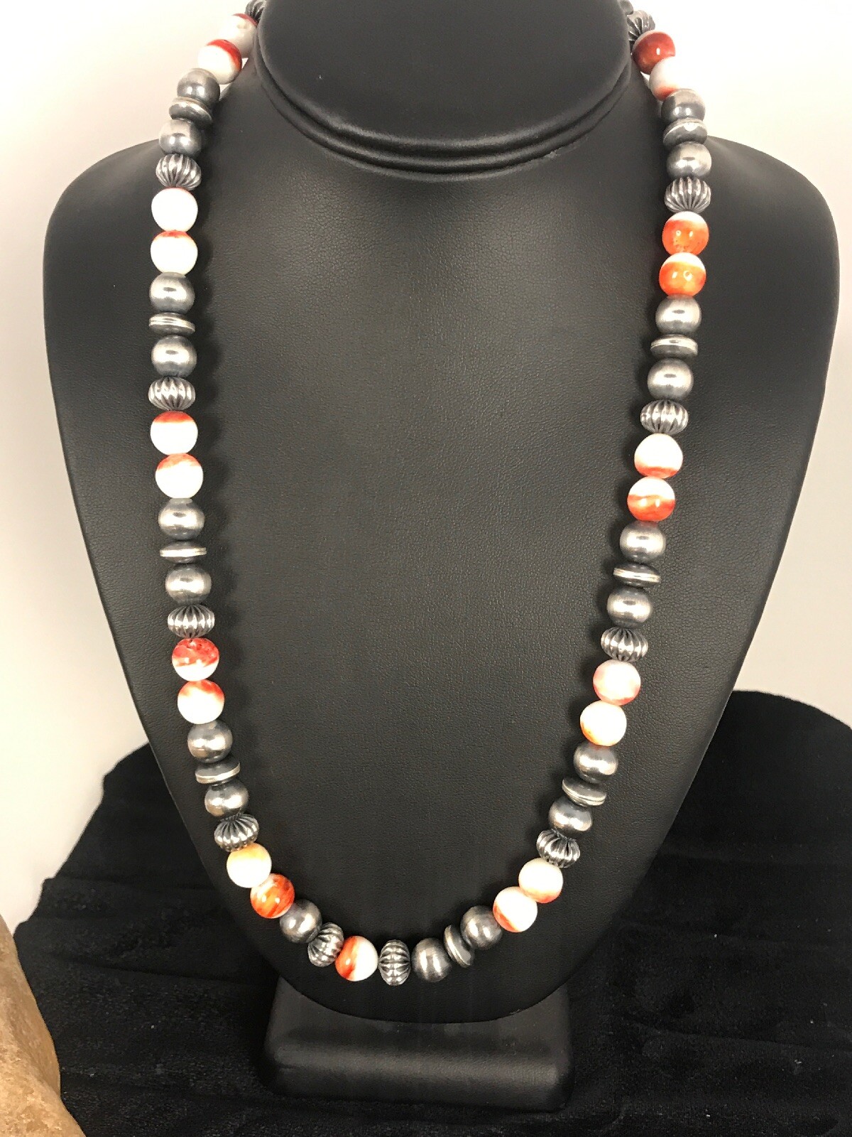 Pre-owned Handmade Spiny Oyster Navajo Sterling Silver Beads Necklace 21” 8533 In Orange