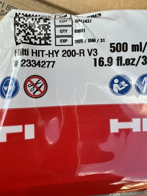 5 X HILTI HIT-HY 200-R V3 EPOXY ADHESIVE ANCHOR 16.9  fl OZ EXP 30 April 2025