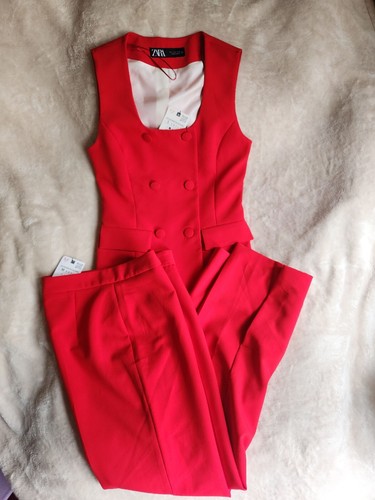 Pre-owned Zara Set  Lined Button Vest Sz S + Straight Leg Pants Slit M Red