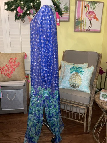 Pre-owned Lilly Pulitzer Jupiter Silk Maxi Caftan Blue Fan Favorite $548 S/m, L/xl In Multicolor