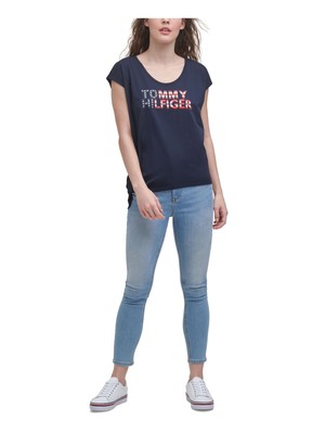 

TOMMY HILFIGER Женская темно-синяя футболка с логотипом и рукавом «летучая мышь» с круглым вырезом, Navy