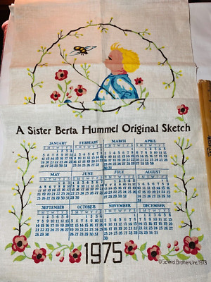 Vintage LINEN Kitchen TOWEL FABRIC 1975 BERTA HUMMEL Girl&Honeybee Calendar NOS