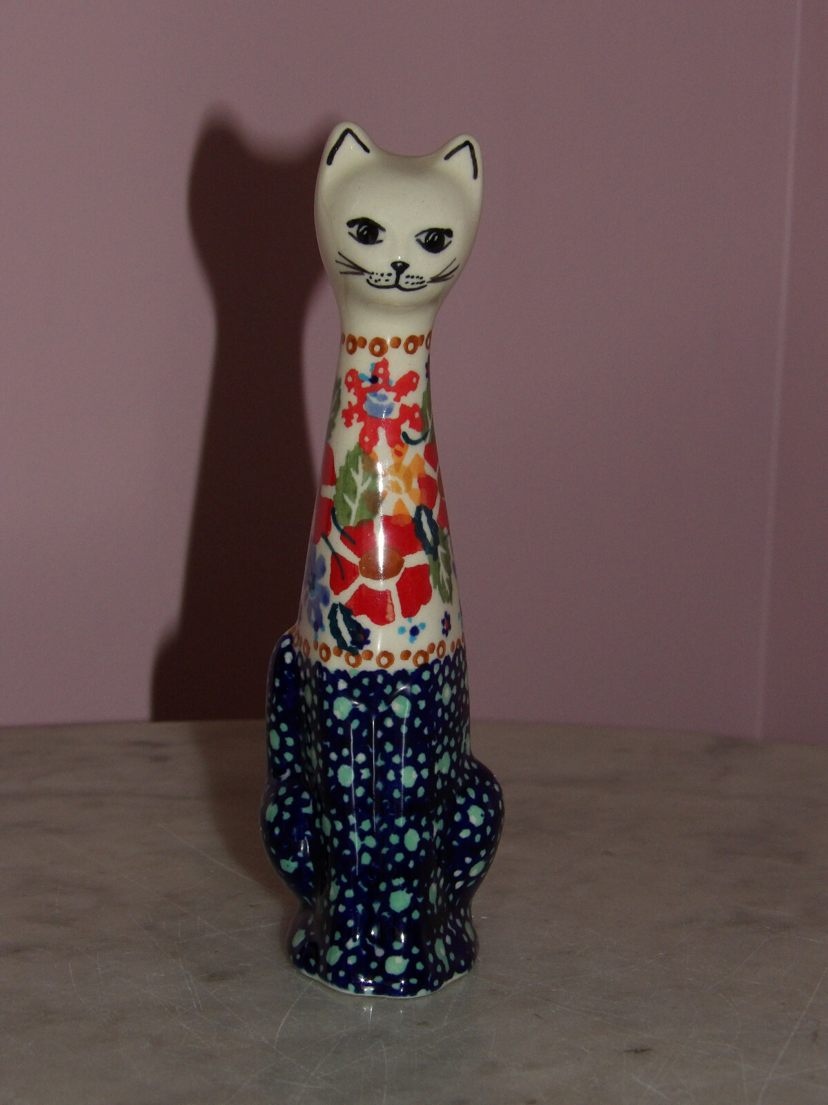 Polish Pottery Med Cat Figurine! UNIKAT Signature Drewbie Pattern!