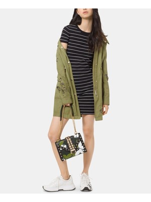Женское мини-платье-сорочка MICHAEL KORS в черную полоску с коротким рукавом и драгоценным камнем на шее XXL