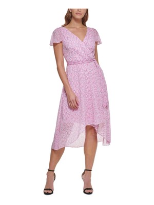 

DKNY Женское розовое платье хай-лоу длиной чай с поясом на подкладке и развевающимися рукавами, Розовый