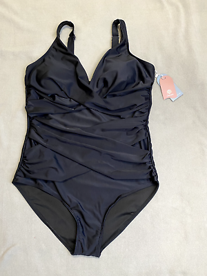 Smismivo Tummy Control Swimsuit for Women One Piece Retro Ruched.Large  Black NWT