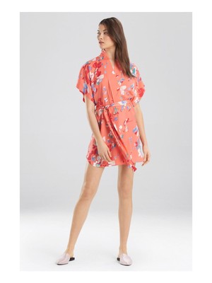 

JOSIE Intimates Коралловый атласный халат выше колена с короткими рукавами и цветочным принтом, Коралл