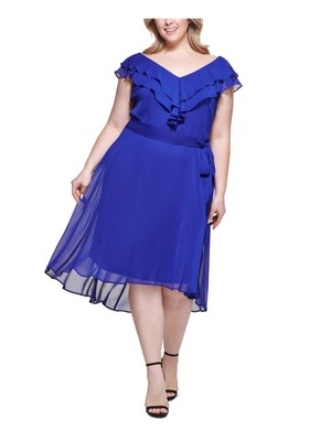 

DKNY Womens Blue Lined Tie Belt Cap Sleeve + Flare Dress Plus, Синий