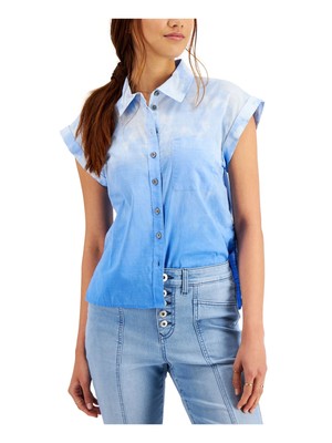 

STYLE - COMPANY Женский голубой топ с короткими рукавами и воротником-стойкой Petites, Light blue