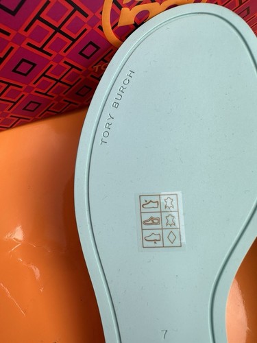 Pre-owned Tory Burch Everly Slide Flat Soft Patent Leather Celeste Ombré W Logo Sz 7 In Green/yellow