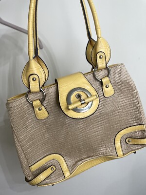 Linear Wicker Straw Purse Yellow Gator Pattern Handbag Satchel Front Buckle