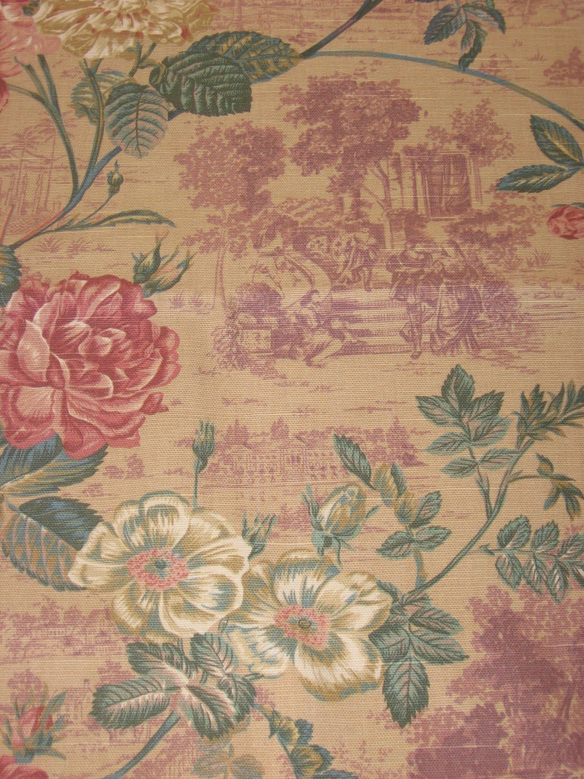 2yds Vtg Di Lewis#166 Victorian Rose Mauve Flower Floral Toile Upholstery Fabric