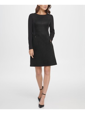 

DKNY Женское черное вечернее платье выше колена с длинными рукавами + расклешенное платье, Черный