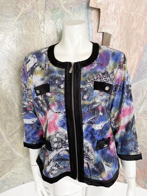Michael Simon Sequined Watercolor Rhinestone Blouse Zip Up Shell Top Size XL