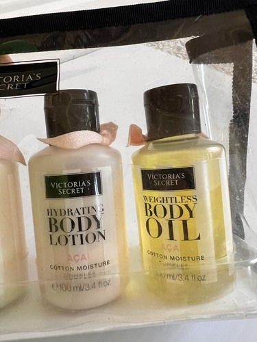 Victorias Secret Weightless Body Oil Lotion Scrub Wash Travel Set Acai Cotton