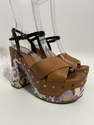 Vtg Prada 2014 Brown Leather Brocade Heels 38