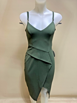 Pilgrim Stella Olive Green Midi Slip Dress Size 6 Peplum Asymmetrical Fairycore