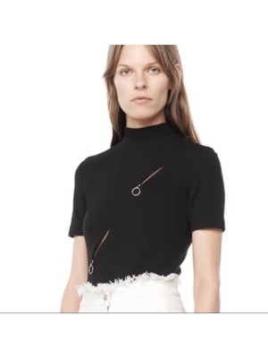 

T ALEXANDER WANG Женская черная эластичная блузка с коротким рукавом и воротником-стойкой, Черный