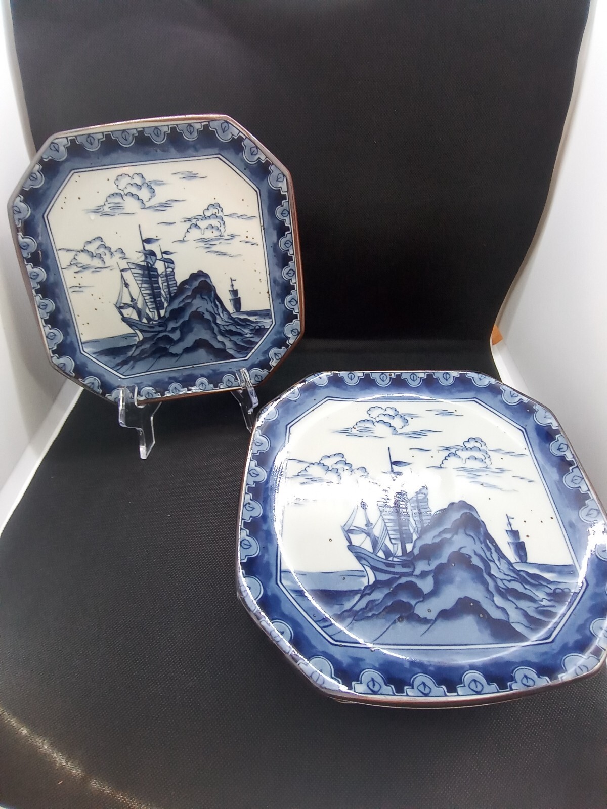 8Vintage Octagonal Ceramic Asian Nautical Blue White Plates