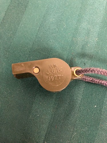 Vintage 1977 US Military JGB Olive Green Army Hard Plastic Whistle With Cord