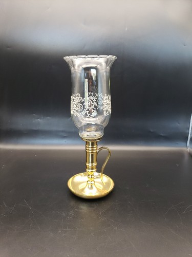 Vintage Brass Handheld Candle Stick Holder Loop Handle & Amber Chimney 10" Tall
