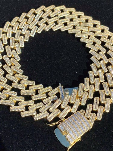 Pre-owned Silver 18mm Baguette Prong Cuban Chain 14k Gold Plated Solid 925  Heavy Hiphop Cz