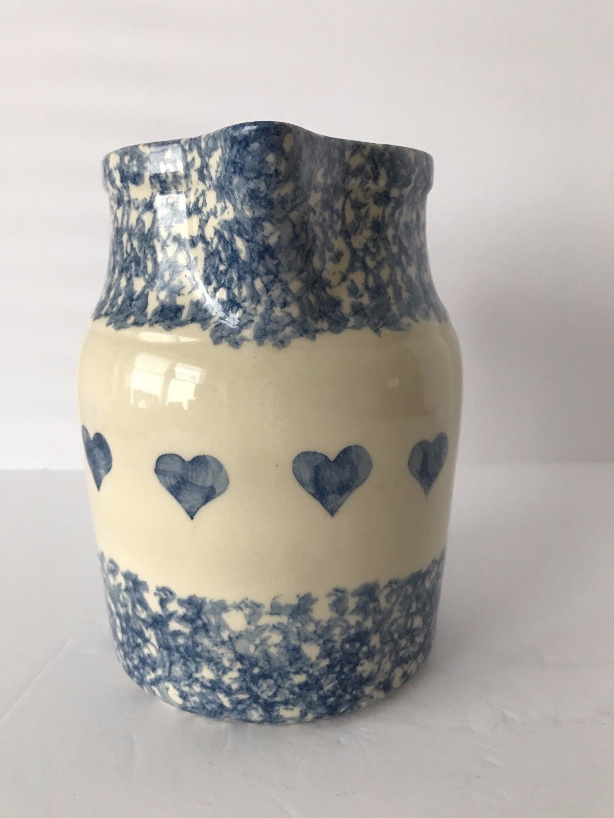 Roseville Blue Spongeware Hearts Pitcher