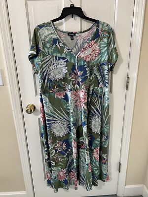 Chaps Maxi Dress 3x Tropical Floral Short Sleeve Green, Pink, Blue 100% Cotton