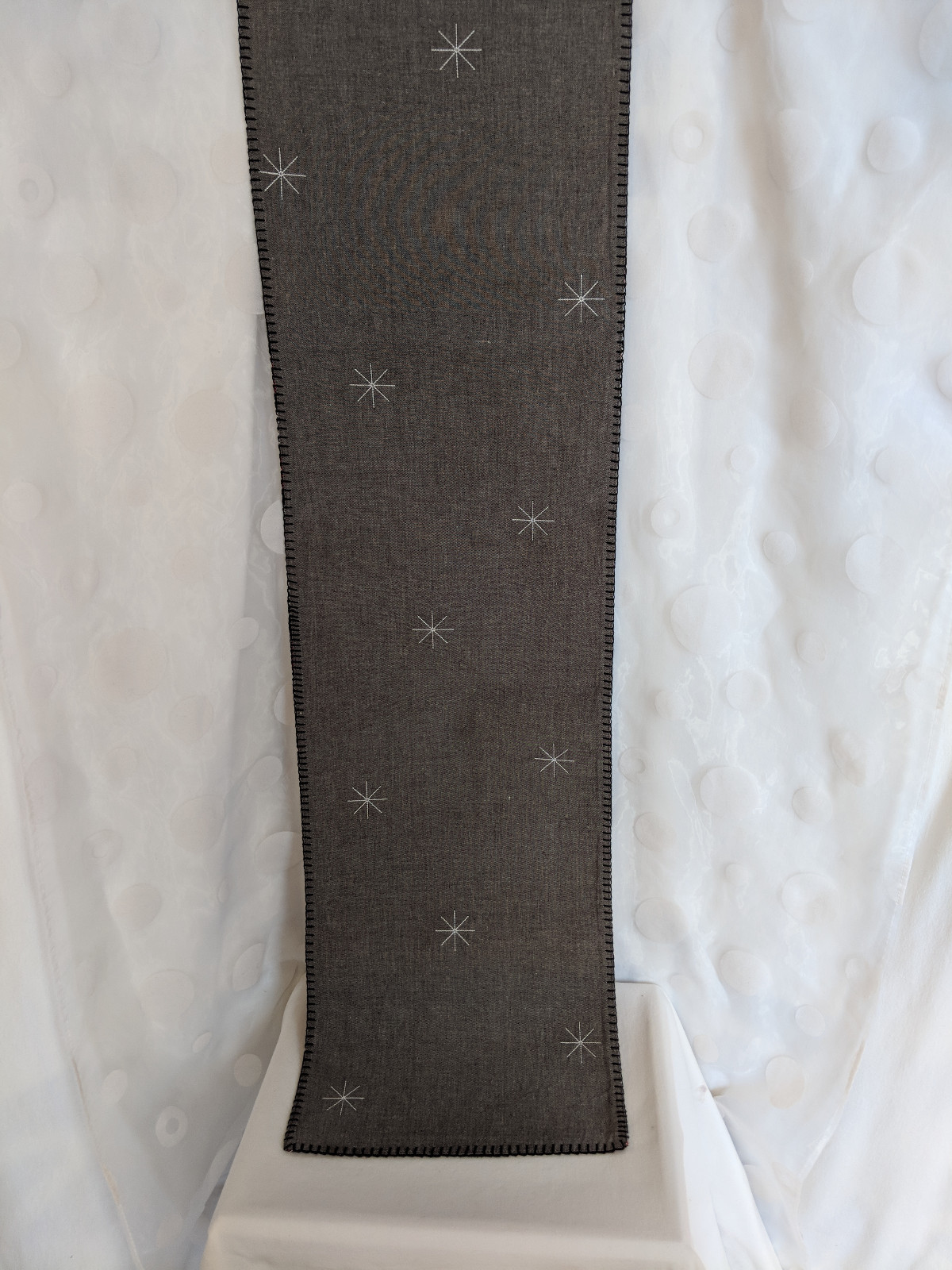 Table Runner Reversible Gray Red Plaid Blanket Stitch Holiday Snowflakes