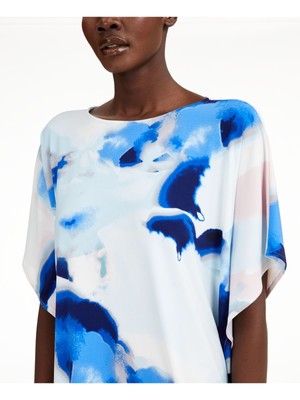 ALFANI Женский синий топ с рукавами «летучая мышь» с овальным вырезом и принтом S