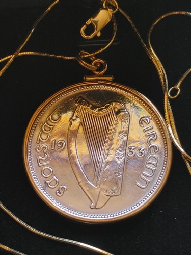 Silver 1933 Irish 1/2 Crown Gold Filled .925 Pendant 18' 18kgf Chain, Box & COA