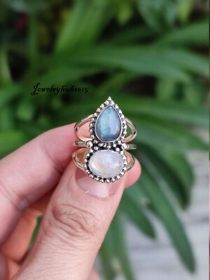 Labradorite & Moonstone Gemstone Ring 925 Sterling Silver All Size MO**