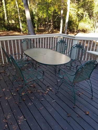 Vtg 7 Piece Metal Patio Dining Antique Table & 6 Chairs