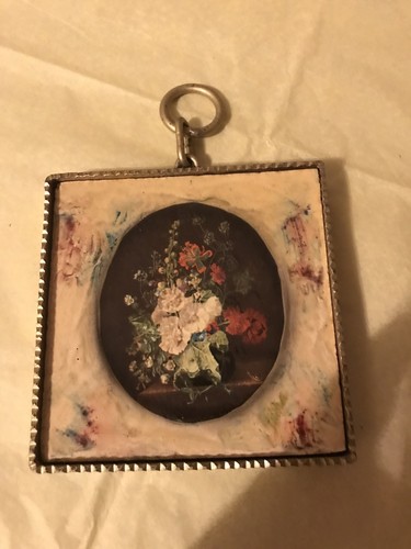 VINTAGE SET OF 3 METAL SQUARE FRAME WITH  FLORAL PICTURES MADE IN SPAIN RARE !!