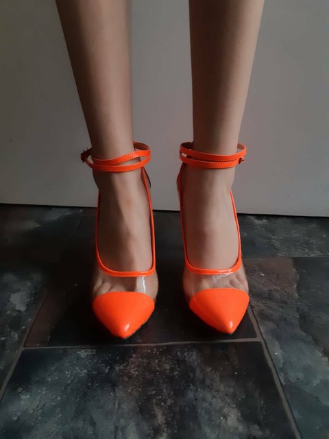  Women s  Shoes  Size 39  Heels  11cm Fluro Orange Pink clear 